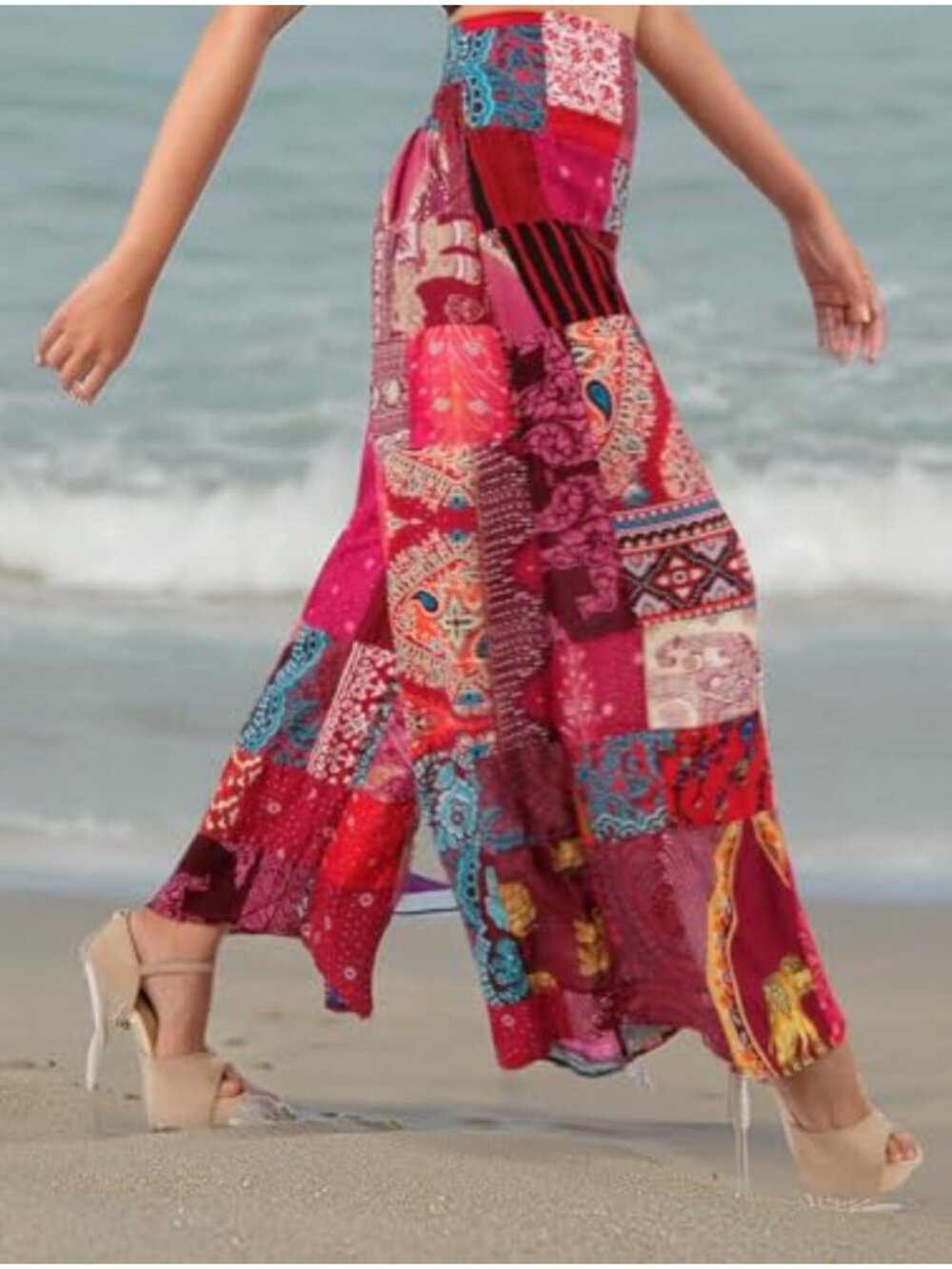 Women's Patchwork Wide Leg Palazzo Pants Yoga Harem Trousers - Picture 5 of 5